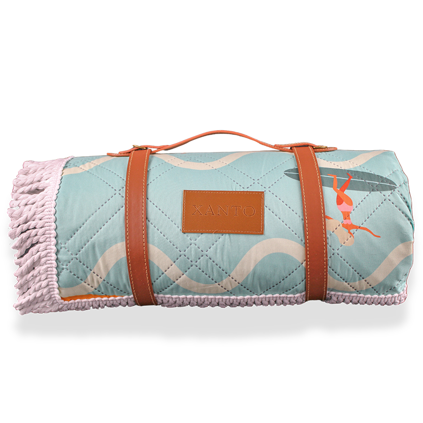 Beach picnic fun on a colorful beach blanket, perfect picnic blanket for sandy snack attacks!