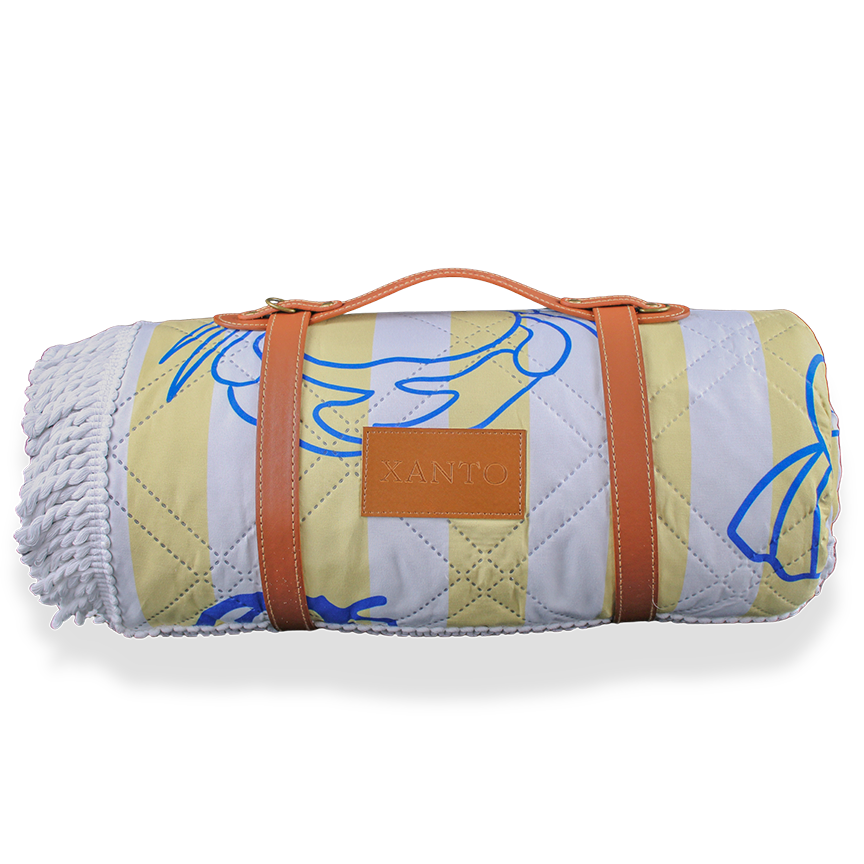 Beach picnic setup with a cozy beach blanket and colorful picnic blanket for relaxing outdoor fun